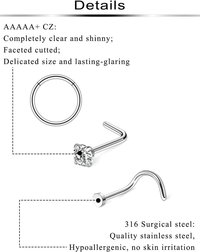 Ftovosyo 18G 20G Nose Rings Surgical Steel Nose Rings Hoop for Women Men Paved CZ Flower Nostril Piercing Jewelry L Shaped Nostril Ring Stud Set - Image 3